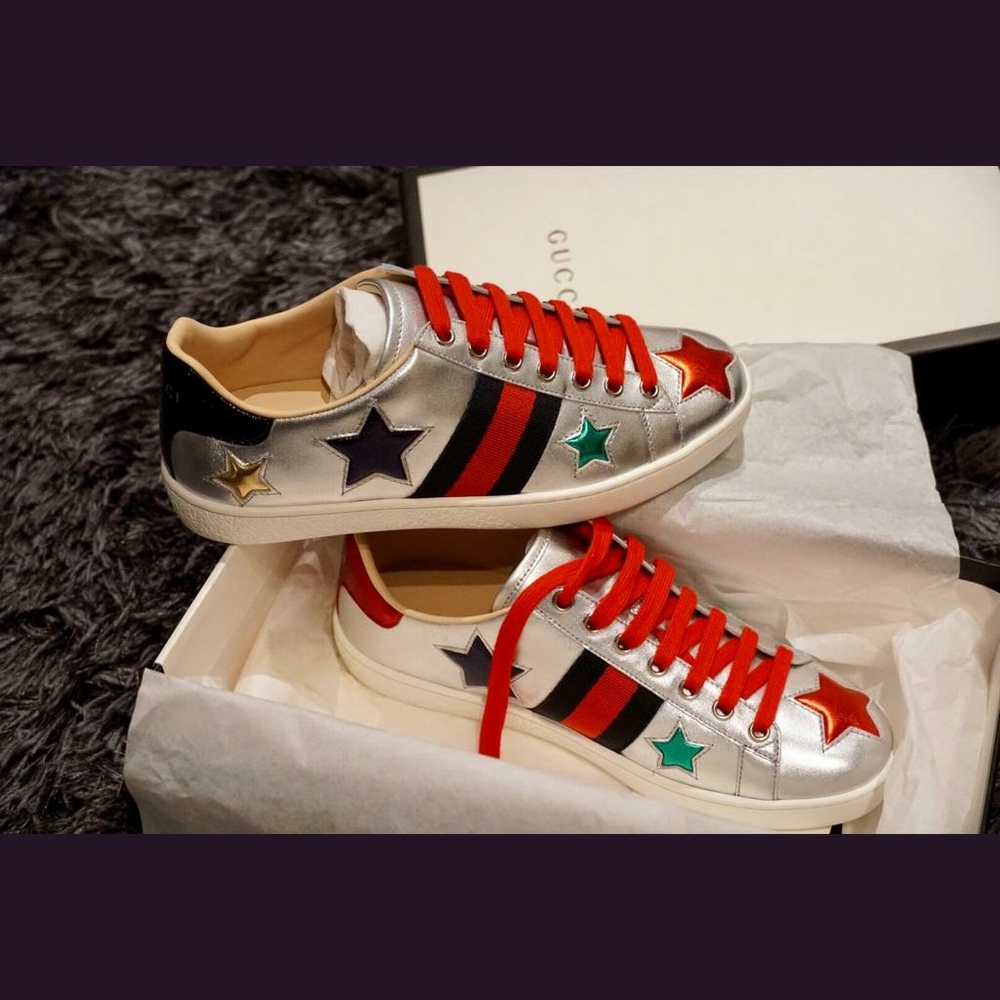 Gucci ace  metallic  silver star sneakers